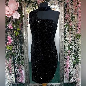 Asymmetrical One Shoulder Black Sequin Mini Dress